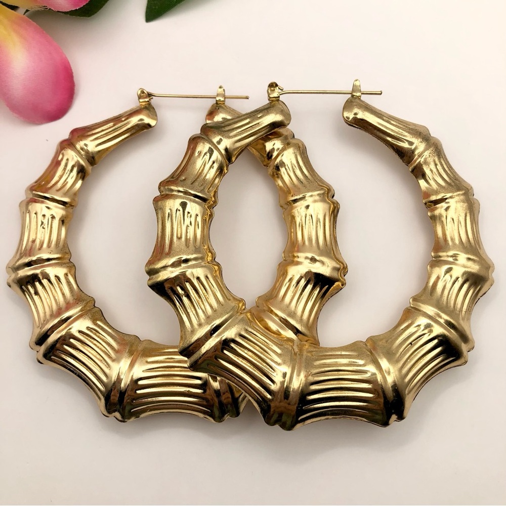 Huge Bamboo Hoop Earrings 90s Hip Hop Gold Tone Statement